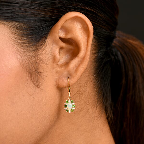 D'Joy Premium Ethiopian Welo Opal And Multi Gemstone 1.60 Ctw Sunburst Lever Back Earrings In 18K Vermeil Yellow Gold Over Sterling Silver