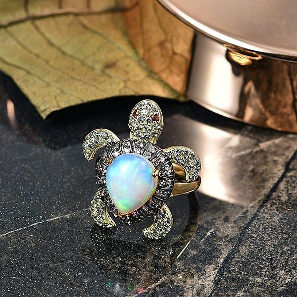 D'Joy Premium Ethiopian Welo Opal And Multi Gemstone 4.60 Ctw Turtle Ring In 18K Vermeil Yellow Gold Over Sterling Silver