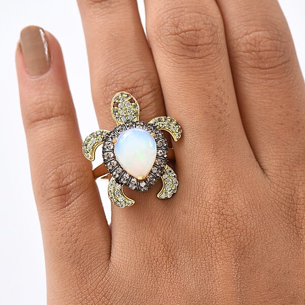 D'Joy Premium Ethiopian Welo Opal And Multi Gemstone 4.60 Ctw Turtle Ring In 18K Vermeil Yellow Gold Over Sterling Silver
