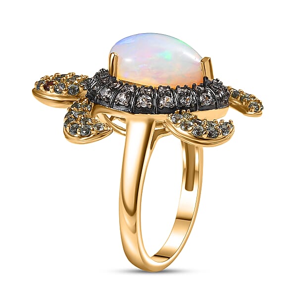 D'Joy Premium Ethiopian Welo Opal And Multi Gemstone 4.60 Ctw Turtle Ring In 18K Vermeil Yellow Gold Over Sterling Silver