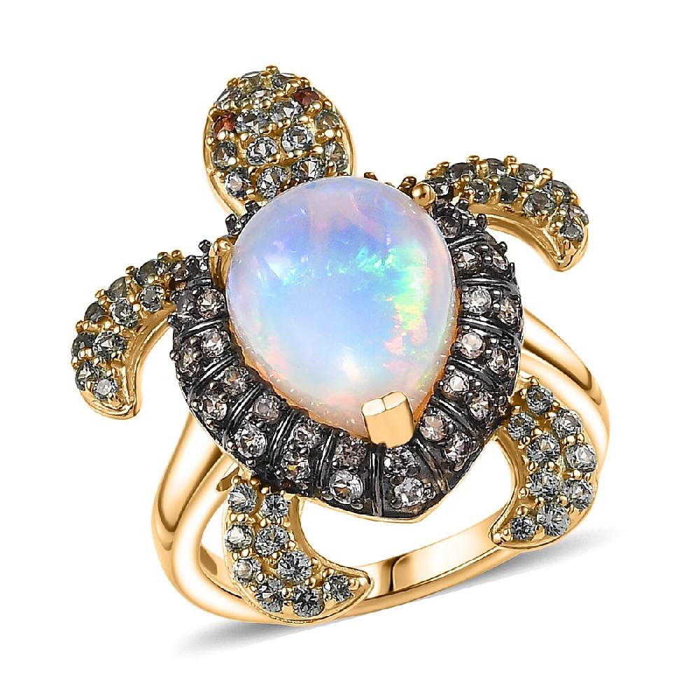D'Joy Premium Ethiopian Welo Opal and Multi Gemstone 4.60 ctw Turtle Ring in 18K Vermeil Yellow Gold Over Sterling Silver
