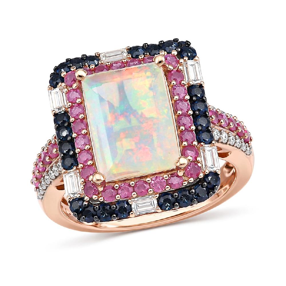 D'Joy Premium Ethiopian Welo Opal and Multi Gemstone 4.15 ctw Aurora Opal Ring in 18K Vermeil Rose Gold Over Sterling Silver