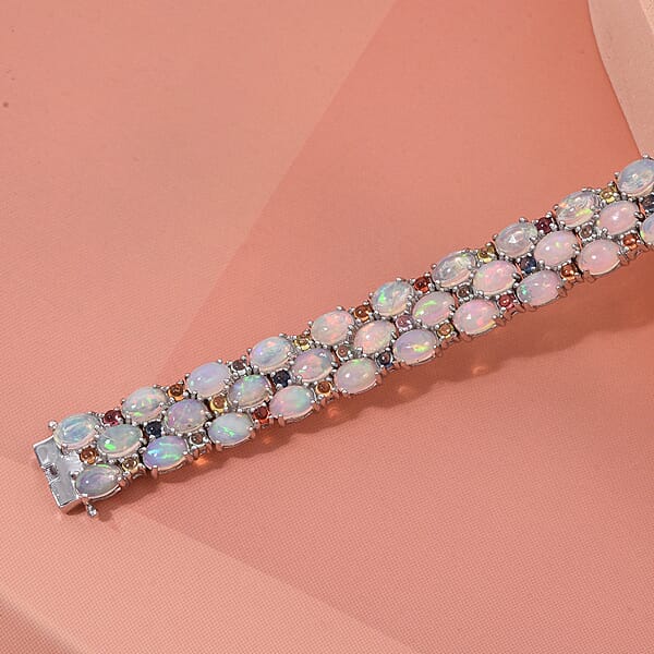 D'Joy Premium Ethiopian Welo Opal And Multi Sapphire 25.45 Ctw Welo Radiance Bracelet In Rhodium Over Sterling Silver (8.00 In)