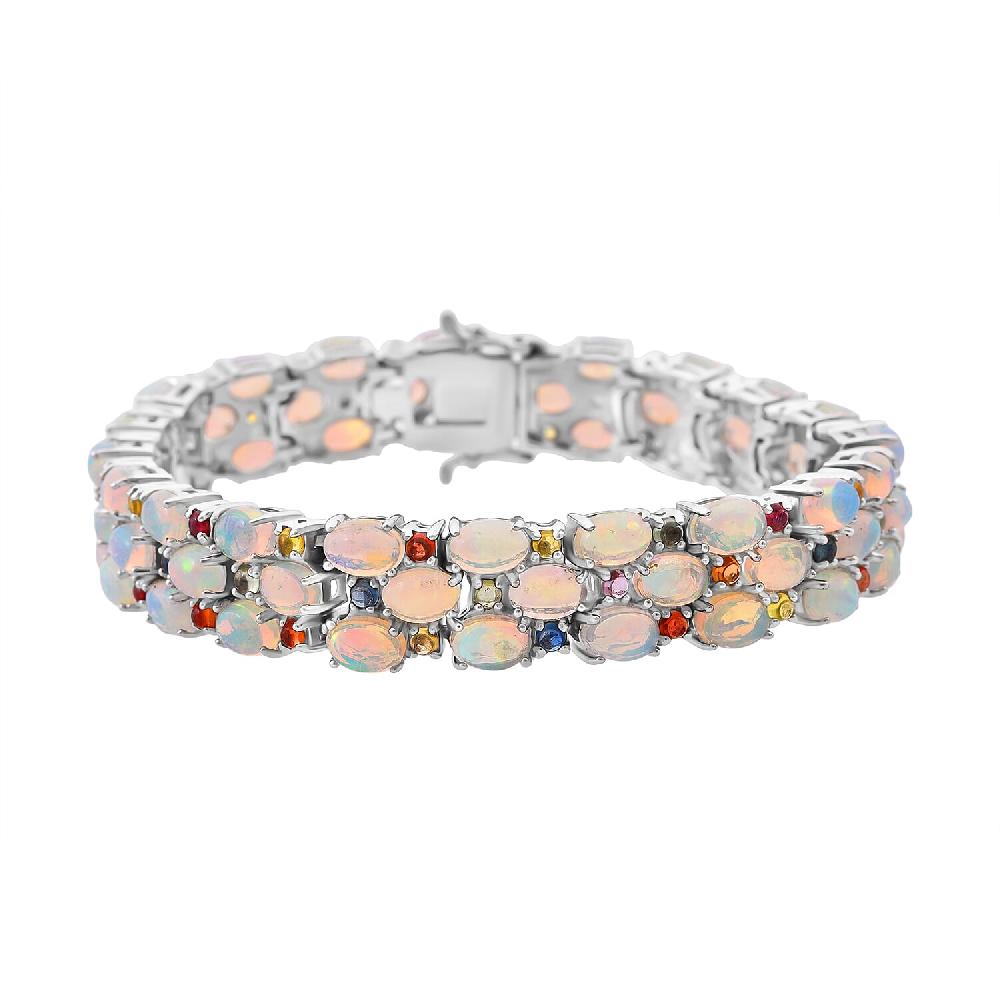 D'Joy Premium Ethiopian Welo Opal and Multi Sapphire 25.45 ctw Welo Radiance Bracelet in Rhodium Over Sterling Silver (8.00 In)