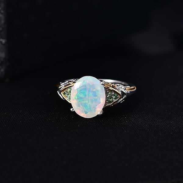 D'Joy Premium Ethiopian Welo Opal And Tsavorite Garnet 1.80 Ctw Aurora Leaf Crest Ring In 18K Vermeil YG And Rhodium Over Sterling Silver