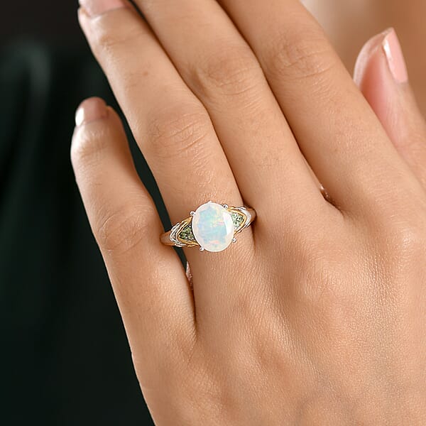 D'Joy Premium Ethiopian Welo Opal And Tsavorite Garnet 1.80 Ctw Aurora Leaf Crest Ring In 18K Vermeil YG And Rhodium Over Sterling Silver