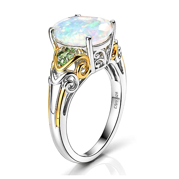D'Joy Premium Ethiopian Welo Opal And Tsavorite Garnet 1.80 Ctw Aurora Leaf Crest Ring In 18K Vermeil YG And Rhodium Over Sterling Silver