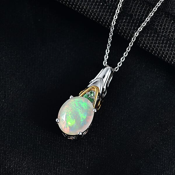 D'Joy Premium Ethiopian Welo Opal And Tsavorite Garnet 2.20 Ctw Aurora Leaf Crest Pendant Necklace In 18K Vermeil YG And Rhodium Over Sterling Silver 20 Inches