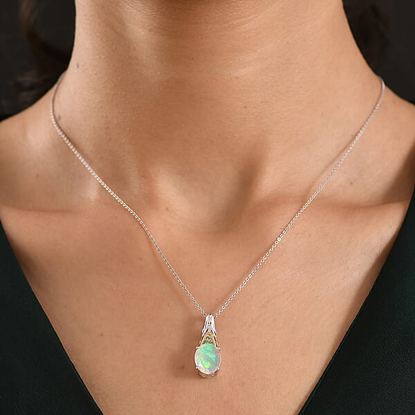 D'Joy Premium Ethiopian Welo Opal And Tsavorite Garnet 2.20 Ctw Aurora Leaf Crest Pendant Necklace In 18K Vermeil YG And Rhodium Over Sterling Silver 20 Inches