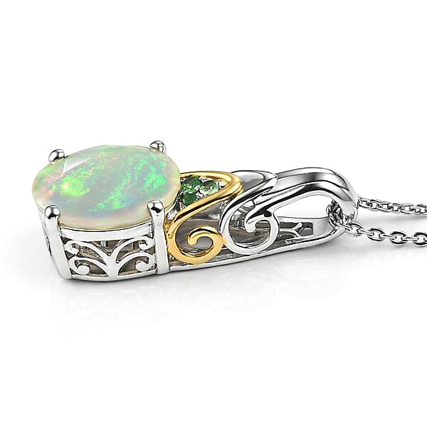 D'Joy Premium Ethiopian Welo Opal And Tsavorite Garnet 2.20 Ctw Aurora Leaf Crest Pendant Necklace In 18K Vermeil YG And Rhodium Over Sterling Silver 20 Inches