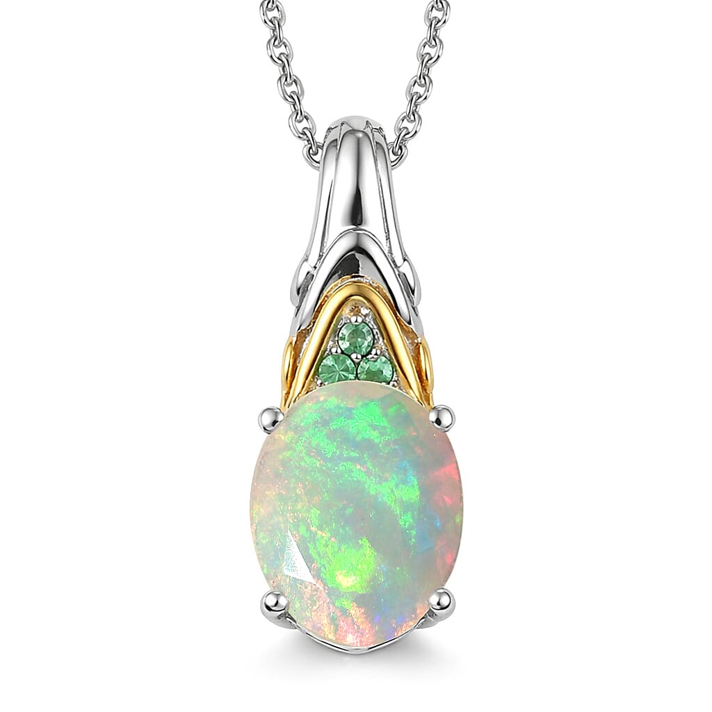 D'Joy Premium Ethiopian Welo Opal and Tsavorite Garnet 2.20 ctw Aurora Leaf Crest Pendant Necklace in 18K Vermeil YG and Rhodium Over Sterling Silver 20 Inches