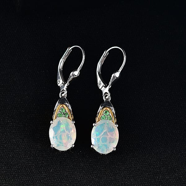 D'Joy Premium Ethiopian Welo Opal And Tsavorite Garnet 3.30 Ctw Aurora Leaf Crest Earrings In 18K Vermeil YG And Rhodium Over Sterling Silver