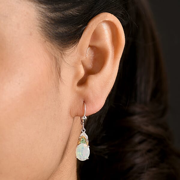 D'Joy Premium Ethiopian Welo Opal And Tsavorite Garnet 3.30 Ctw Aurora Leaf Crest Earrings In 18K Vermeil YG And Rhodium Over Sterling Silver