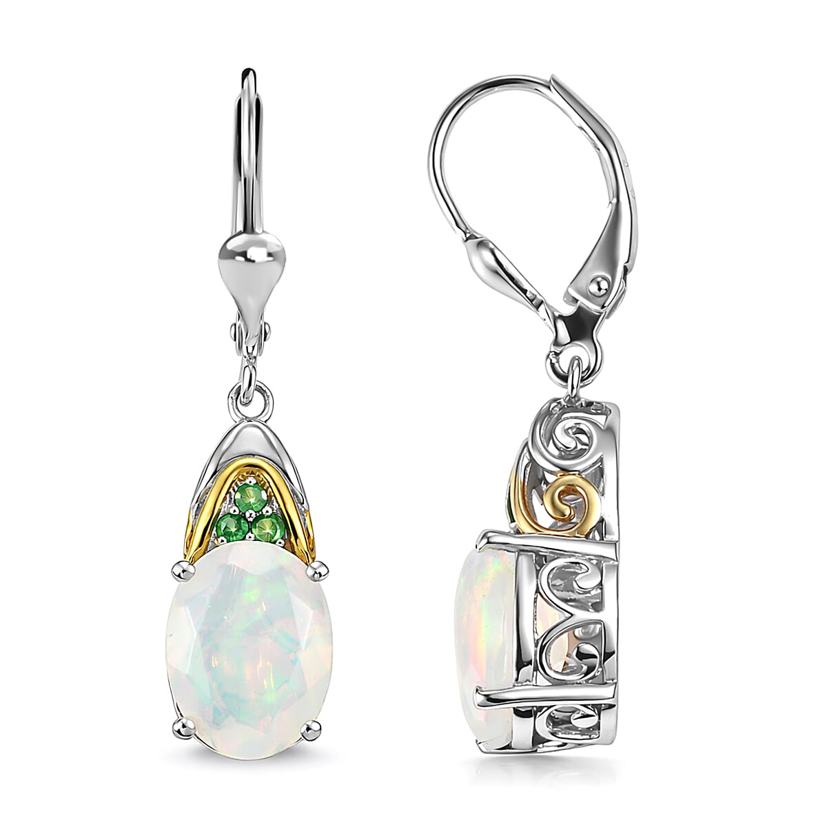 D'Joy Premium Ethiopian Welo Opal and Tsavorite Garnet 3.30 ctw Aurora Leaf Crest Earrings in 18K Vermeil YG and Rhodium Over Sterling Silver