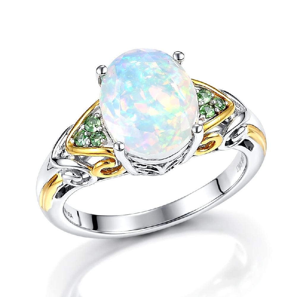 D'Joy Premium Ethiopian Welo Opal and Tsavorite Garnet 1.80 ctw Aurora Leaf Crest Ring in 18K Vermeil YG and Rhodium Over Sterling Silver