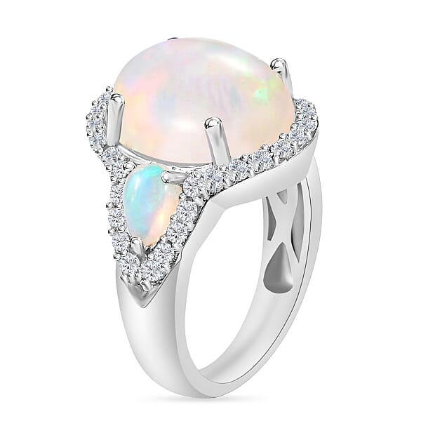 D'Joy Premium Ethiopian Welo Opal And White Zircon 5.75 Ctw Ring In Rhodium Over Sterling Silver
