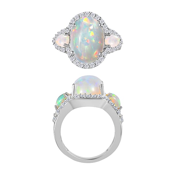D'Joy Premium Ethiopian Welo Opal And White Zircon 5.75 Ctw Ring In Rhodium Over Sterling Silver