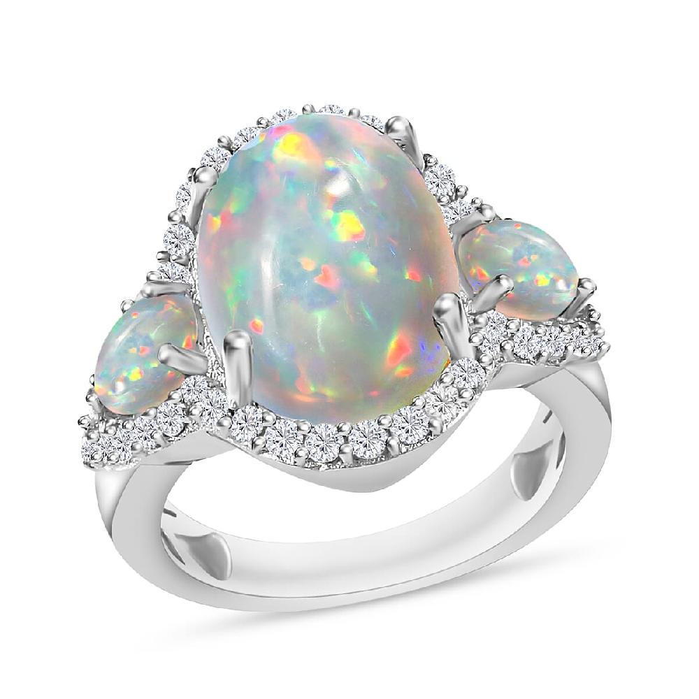 D'Joy Premium Ethiopian Welo Opal and White Zircon 5.75 ctw Ring in Rhodium Over Sterling Silver