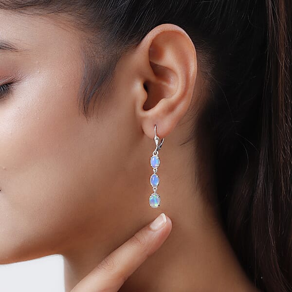 D'Joy Premium Ethiopian Welo Opal Drop Earrings Lever Back Earrings For Women Platinum Over Sterling Silver Dangle Earrings Opal Jewelry 2.25 Ctw