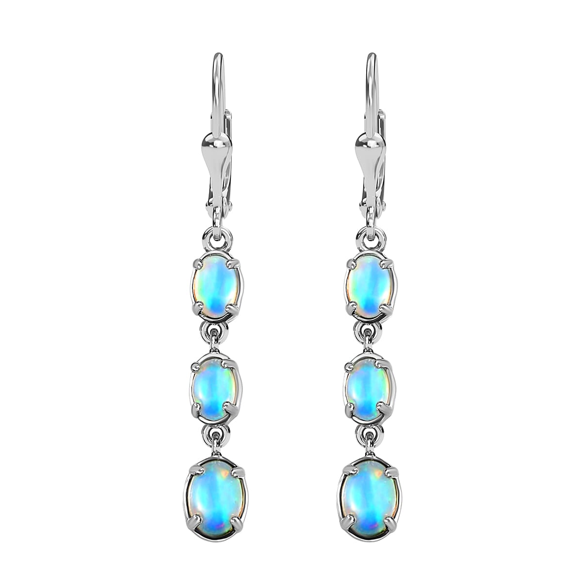 D'Joy Premium Ethiopian Welo Opal Drop Earrings Lever Back Earrings For Women Platinum Over Sterling Silver Dangle Earrings Opal Jewelry 2.25 ctw