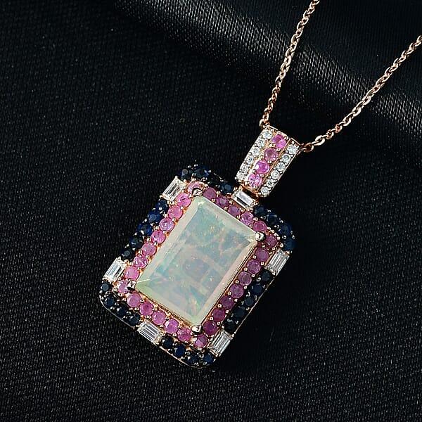 D'Joy Premium Ethiopian Welo Opal Multi Gemstone 3.75 Ctw Aurora Opal Pendant Necklace In 18K Vermeil Rose Gold Over Sterling Silver 20 Inches