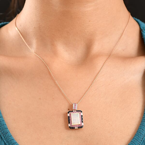 D'Joy Premium Ethiopian Welo Opal Multi Gemstone 3.75 Ctw Aurora Opal Pendant Necklace In 18K Vermeil Rose Gold Over Sterling Silver 20 Inches