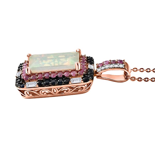 D'Joy Premium Ethiopian Welo Opal Multi Gemstone 3.75 Ctw Aurora Opal Pendant Necklace In 18K Vermeil Rose Gold Over Sterling Silver 20 Inches