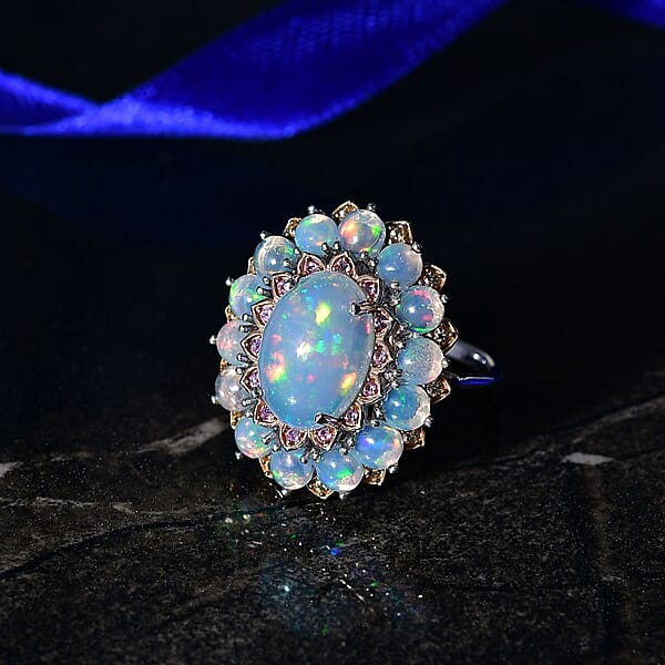 D'Joy Premium Ethiopian Welo Opal Multi Gemstone Ring In Rhodium Over Sterling Silver 6.26 Ctw