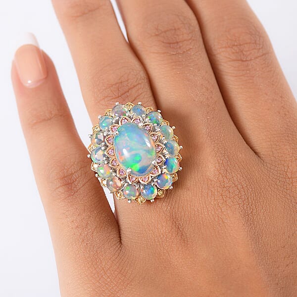 D'Joy Premium Ethiopian Welo Opal Multi Gemstone Ring In Rhodium Over Sterling Silver 6.26 Ctw
