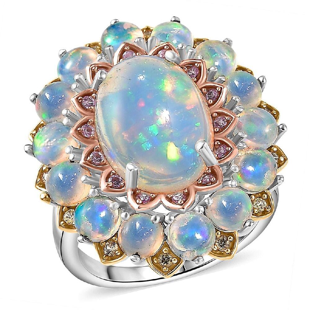D'Joy Premium Ethiopian Welo Opal Multi Gemstone Ring in Rhodium Over Sterling Silver 6.26 ctw