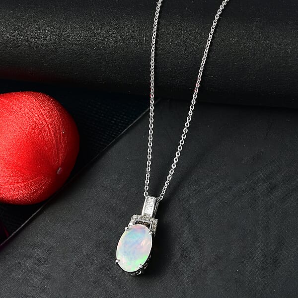 D'Joy Premium Ethiopian Welo Opal Natural Champagne And White Diamond Art Deco Pendant Necklace In Rhodium Over Sterling Silver 2.10 Ctw (20 Inches)