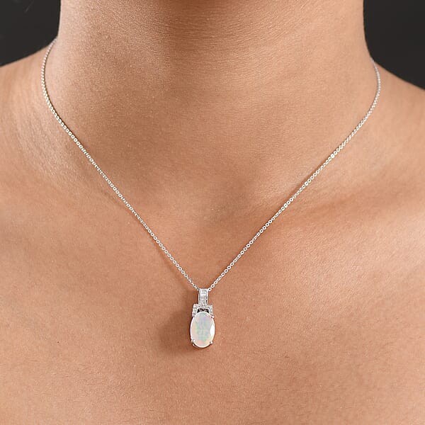 D'Joy Premium Ethiopian Welo Opal Natural Champagne And White Diamond Art Deco Pendant Necklace In Rhodium Over Sterling Silver 2.10 Ctw (20 Inches)