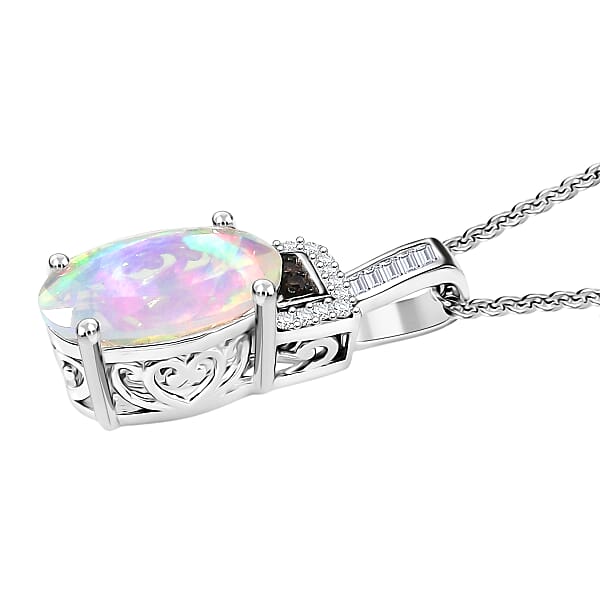 D'Joy Premium Ethiopian Welo Opal Natural Champagne And White Diamond Art Deco Pendant Necklace In Rhodium Over Sterling Silver 2.10 Ctw (20 Inches)