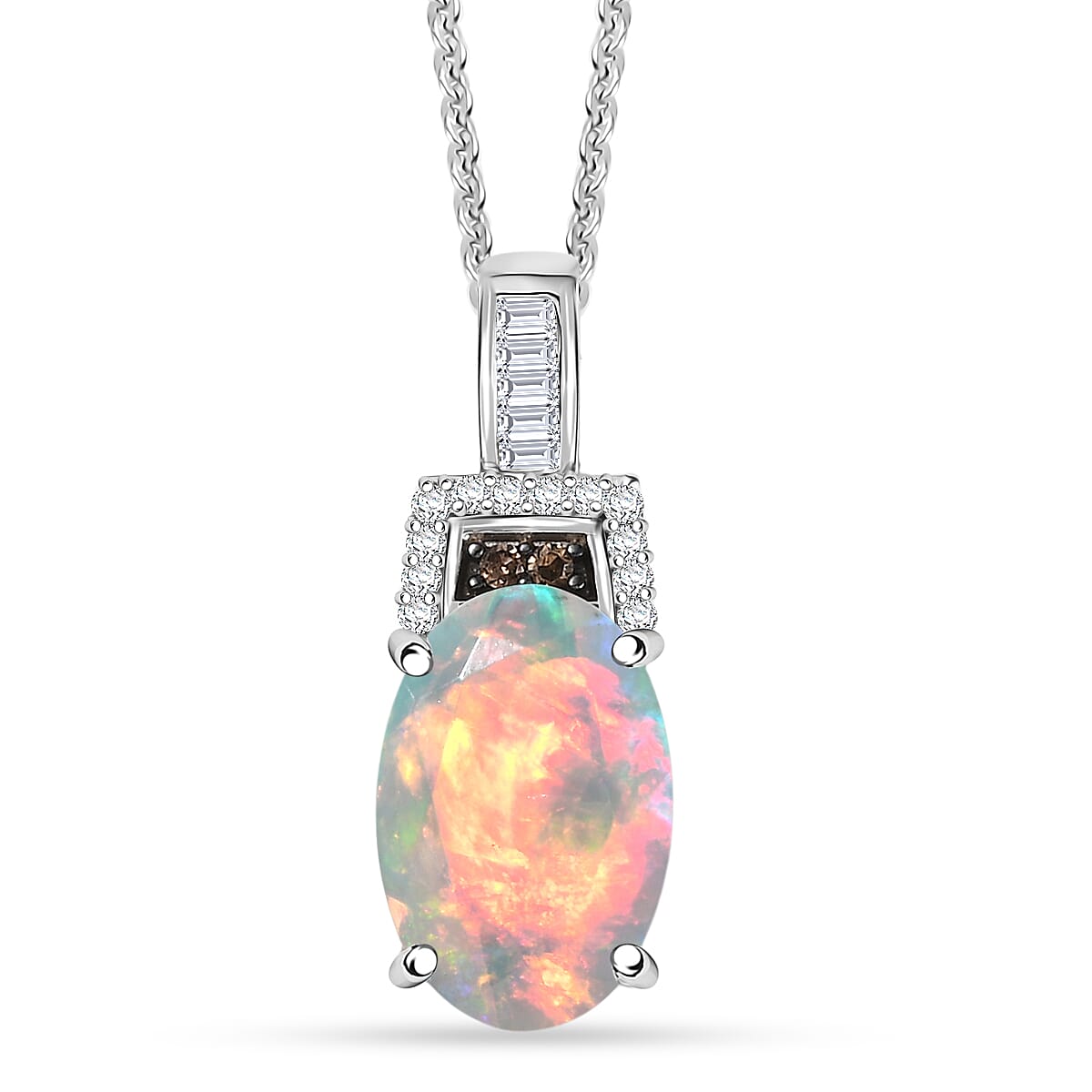 D'Joy Premium Ethiopian Welo Opal Natural Champagne and White Diamond Art Deco Pendant Necklace in Rhodium Over Sterling Silver 2.10 ctw (20 Inches)