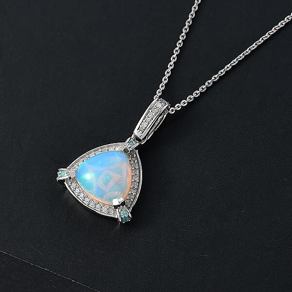 D'Joy Premium Ethiopian Welo Opal Paraiba Tourmaline And Diamond 2.60 Ctw Celestial Trinity Halo Pendant Necklace In Rhodium Over Sterling Silver 20 Inches