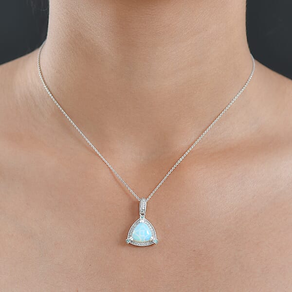 D'Joy Premium Ethiopian Welo Opal Paraiba Tourmaline And Diamond 2.60 Ctw Celestial Trinity Halo Pendant Necklace In Rhodium Over Sterling Silver 20 Inches