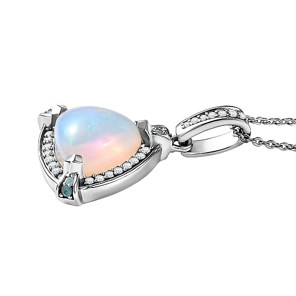 D'Joy Premium Ethiopian Welo Opal Paraiba Tourmaline And Diamond 2.60 Ctw Celestial Trinity Halo Pendant Necklace In Rhodium Over Sterling Silver 20 Inches