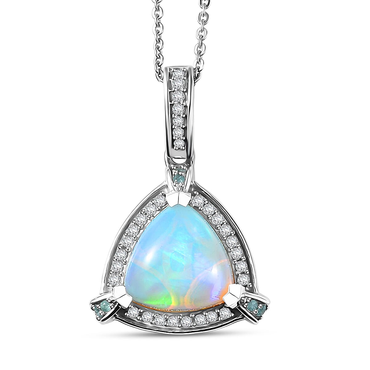 D'Joy Premium Ethiopian Welo Opal Paraiba Tourmaline and Diamond 2.60 ctw Celestial Trinity Halo Pendant Necklace in Rhodium Over Sterling Silver 20 Inches