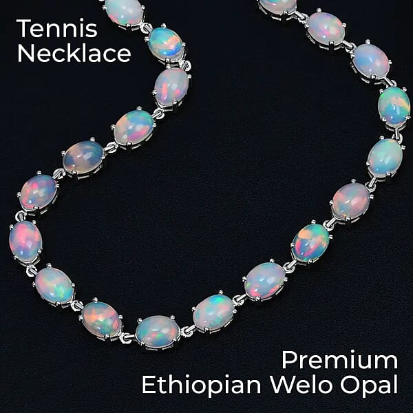 D'Joy Premium Ethiopian Welo Opal Tennis Necklace In Platinum Over Sterling Silver Tennis Necklace 41.00 Ctw (18 Inches)