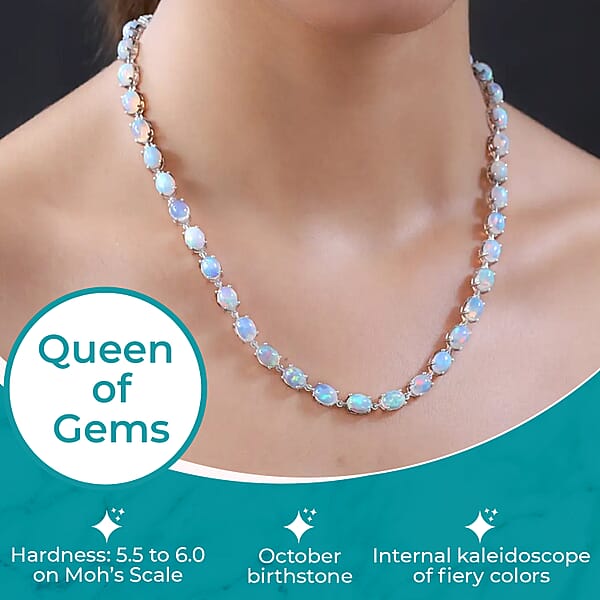 D'Joy Premium Ethiopian Welo Opal Tennis Necklace In Platinum Over Sterling Silver Tennis Necklace 41.00 Ctw (18 Inches)