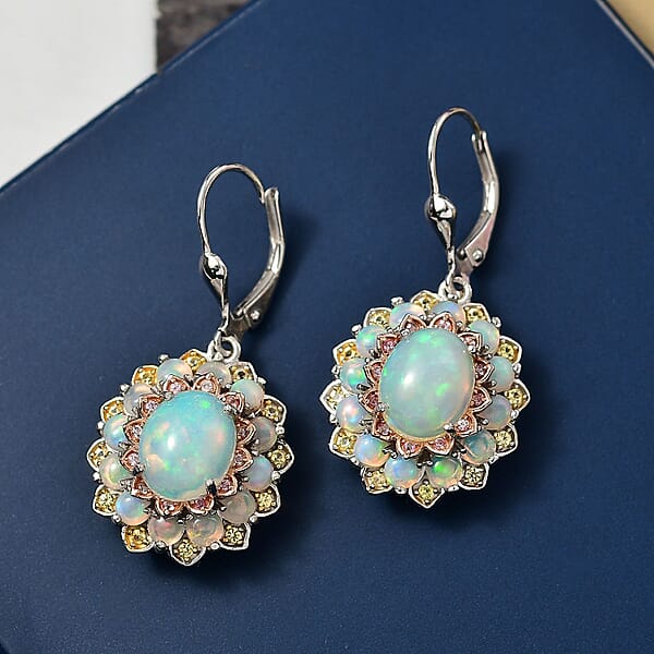 D'Joy Premium Ethiopian Welo Opal Yellow And Pink Sapphire 5.60 Ctw Earrings In Rhodium Over Sterling Silver