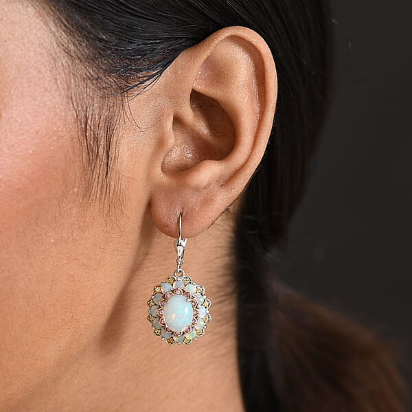 D'Joy Premium Ethiopian Welo Opal Yellow And Pink Sapphire 5.60 Ctw Earrings In Rhodium Over Sterling Silver