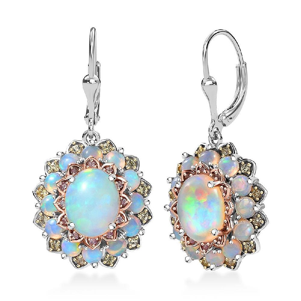 D'Joy Premium Ethiopian Welo Opal Yellow and Pink Sapphire 5.60 ctw Earrings in Rhodium Over Sterling Silver