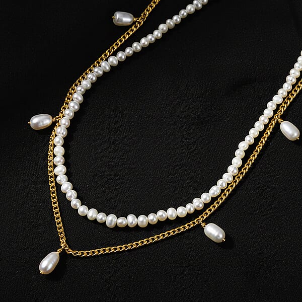 D'Joy Premium Freshwater Pearl Necklace In 18K Vermeil Yellow Gold Over Sterling Silver 14-16 Inches
