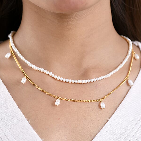 D'Joy Premium Freshwater Pearl Necklace In 18K Vermeil Yellow Gold Over Sterling Silver 14-16 Inches