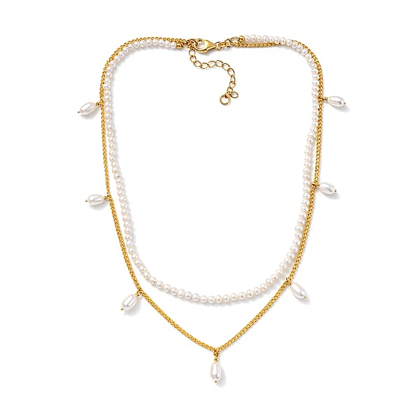 D'Joy Premium Freshwater Pearl Necklace In 18K Vermeil Yellow Gold Over Sterling Silver 14-16 Inches