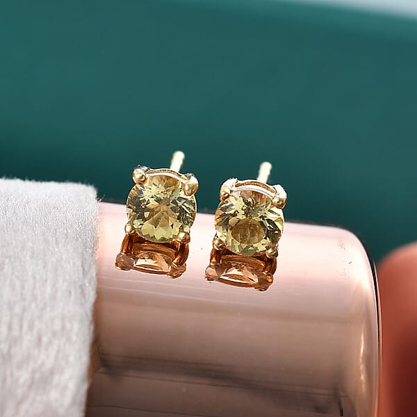 D'Joy Premium Golden Apatite 1.00 Ctw Solitaire Stud Earrings In 18K Vermeil Yellow Gold Over Sterling Silver