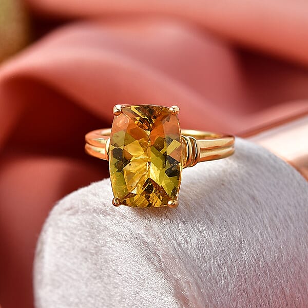 D'Joy Premium Golden Apatite 7.25 Ctw Sunlit Flared Gallery Ring In 18K Vermeil Yellow Gold Over Sterling Silver