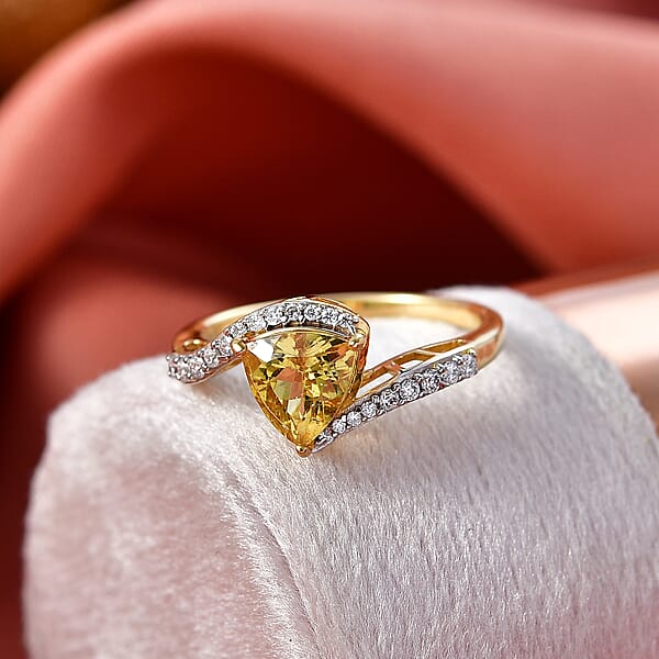 D'Joy Premium Golden Apatite And Moissanite 1.35 Ctw Lightwave Ring In 18K Yellow Gold Over Sterling Silver