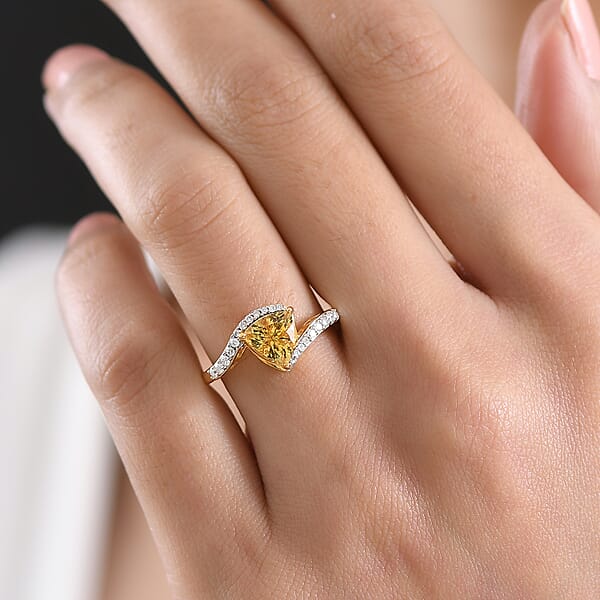 D'Joy Premium Golden Apatite And Moissanite 1.35 Ctw Lightwave Ring In 18K Yellow Gold Over Sterling Silver